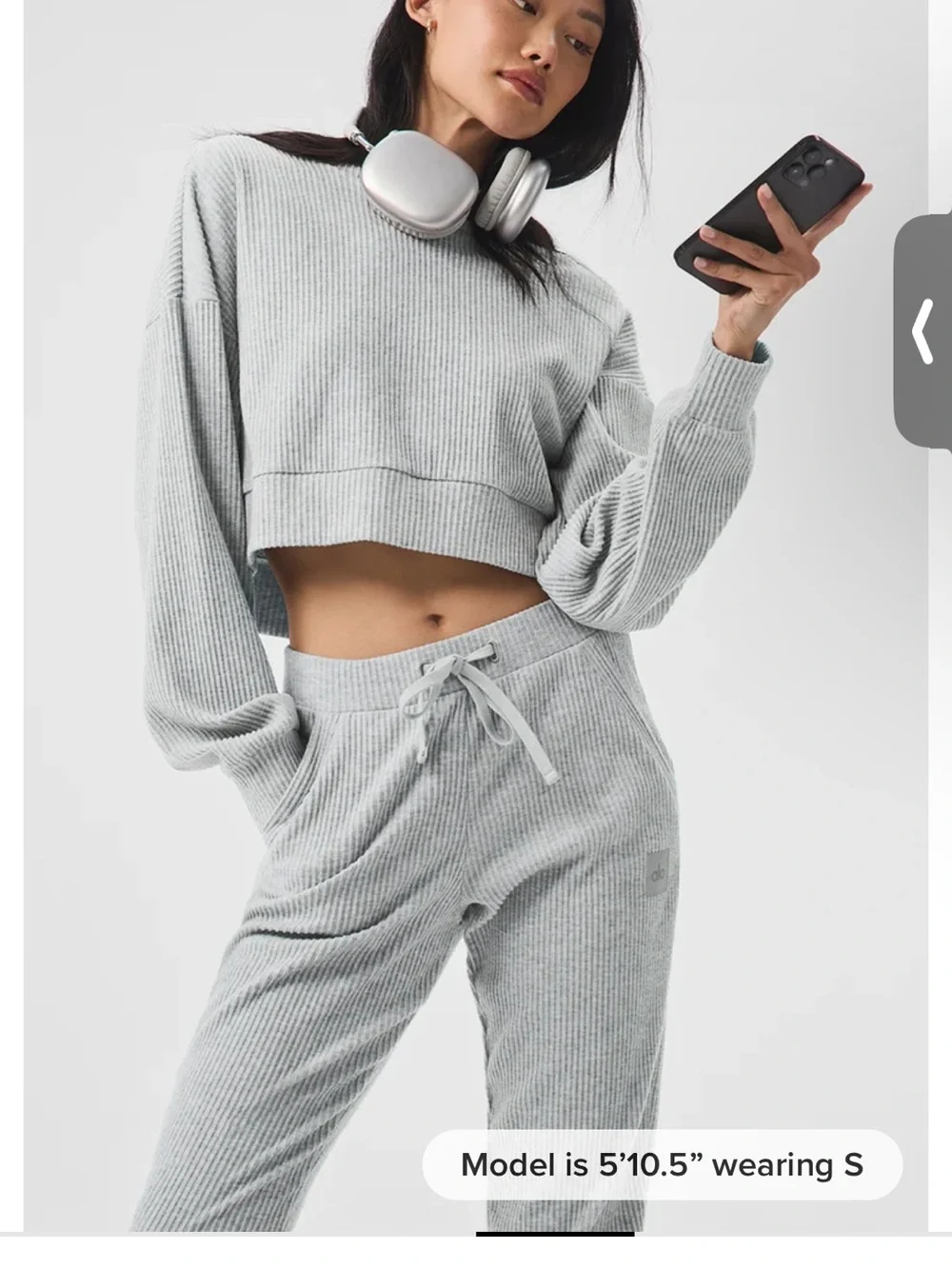 ALO Yoga Ribbed Drawstring Joggers and sweatshirt set in Light Gray
